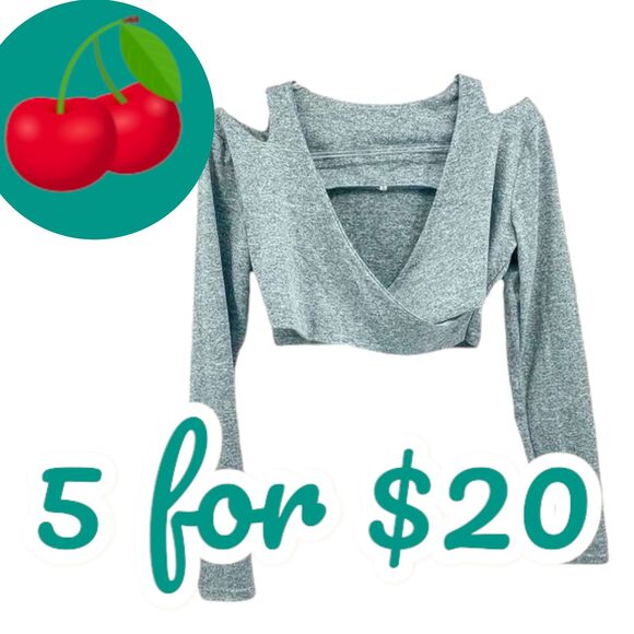 Crop Top Womens Large Cold Shoulder Heather Gray Surplice Faux Wrap V Neck Plung - Picture 1 of 7